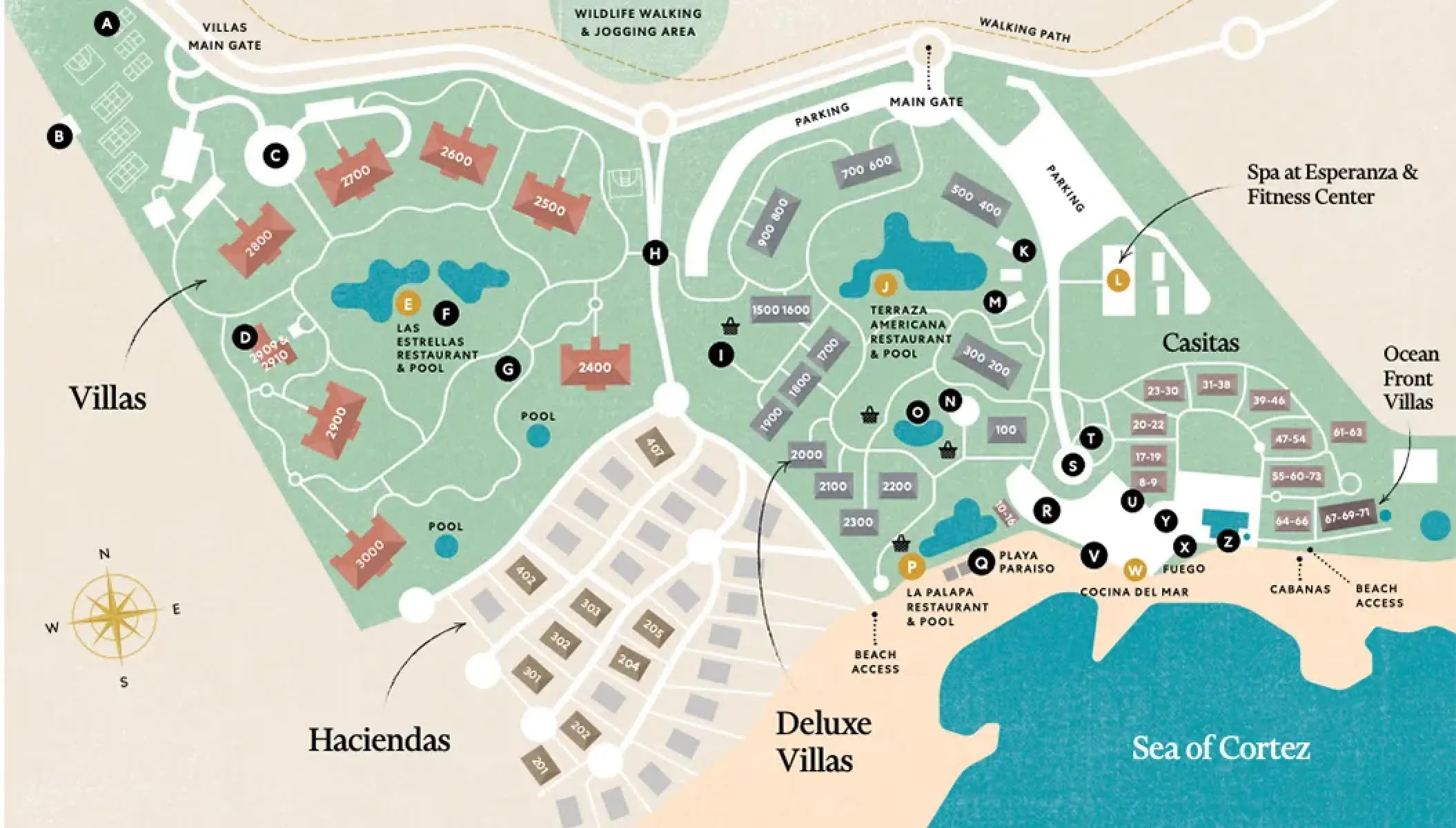 Illustrated resort map of Esperanza Cabo San Lucas showing villas, casitas, and pools along the Sea of Cortez