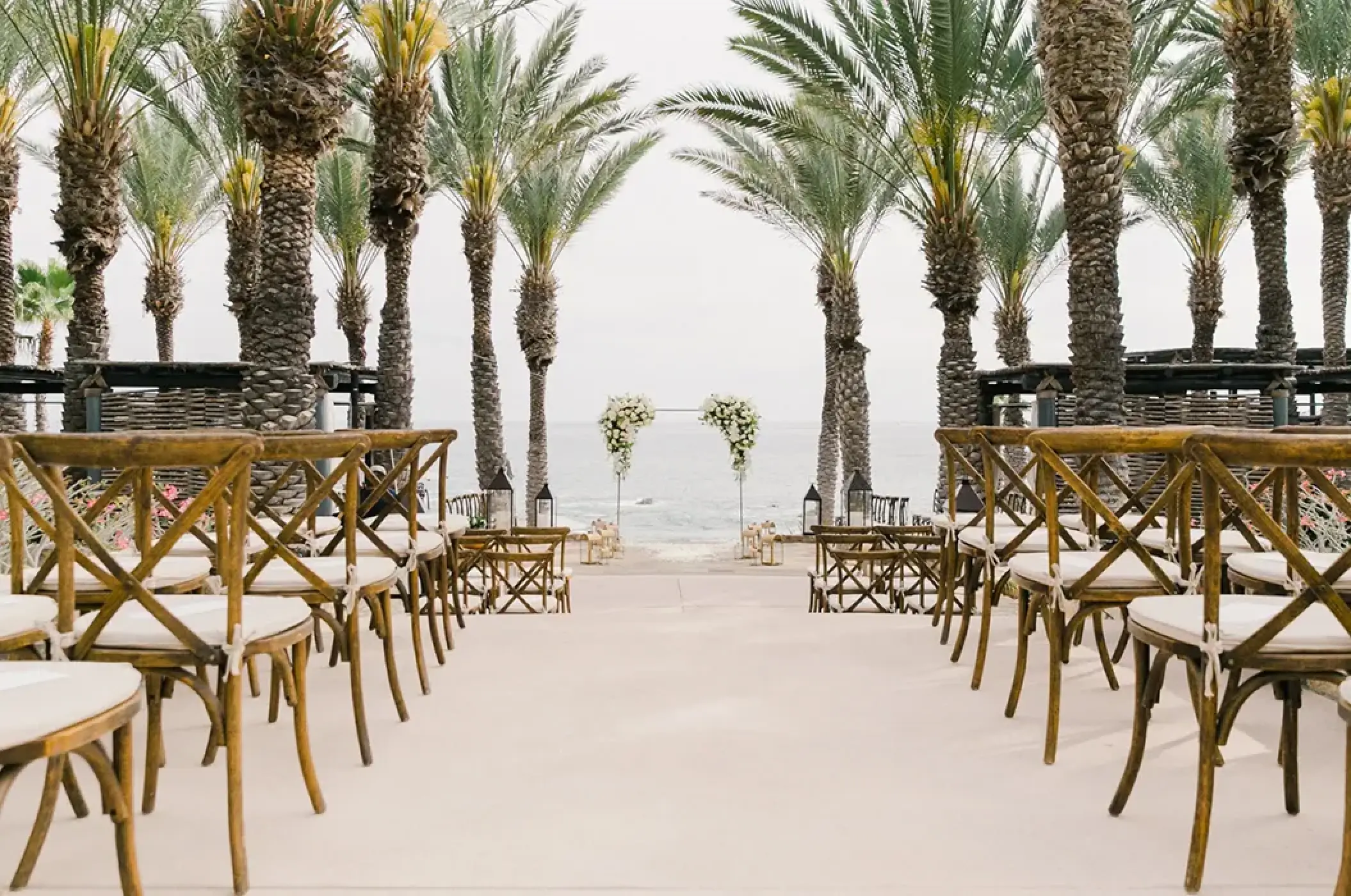 Wedding ceremony setup with wooden cross-back chairs and palm trees at Esperanza, Cabo San Lucas