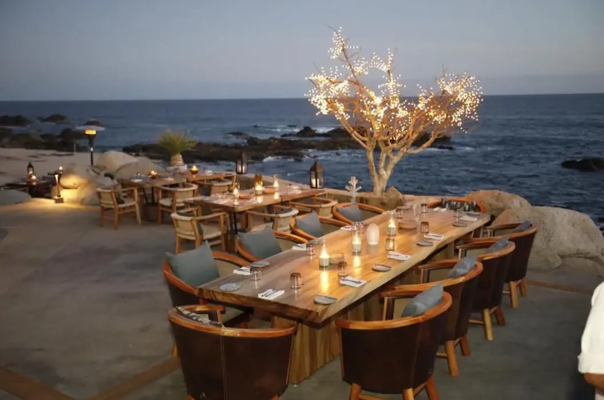 Outdoor dining terrace at Esperanza, Cabo San Lucas with a lit tree overlooking the ocean at dusk