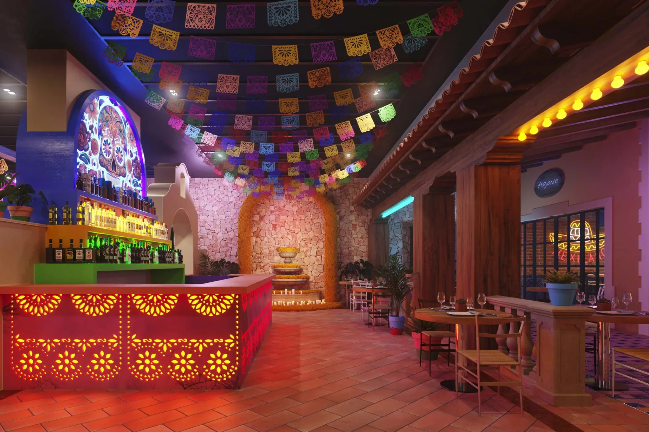 Agave bar with colorful papel picado banners at Excellence Coral Playa Mujeres, Cancun