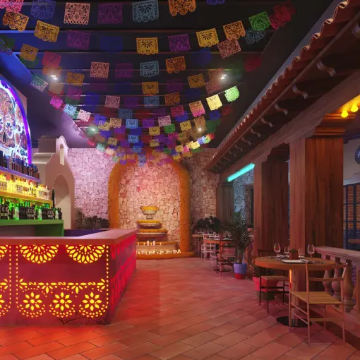 Agave bar with colorful papel picado banners at Excellence Coral Playa Mujeres, Cancun