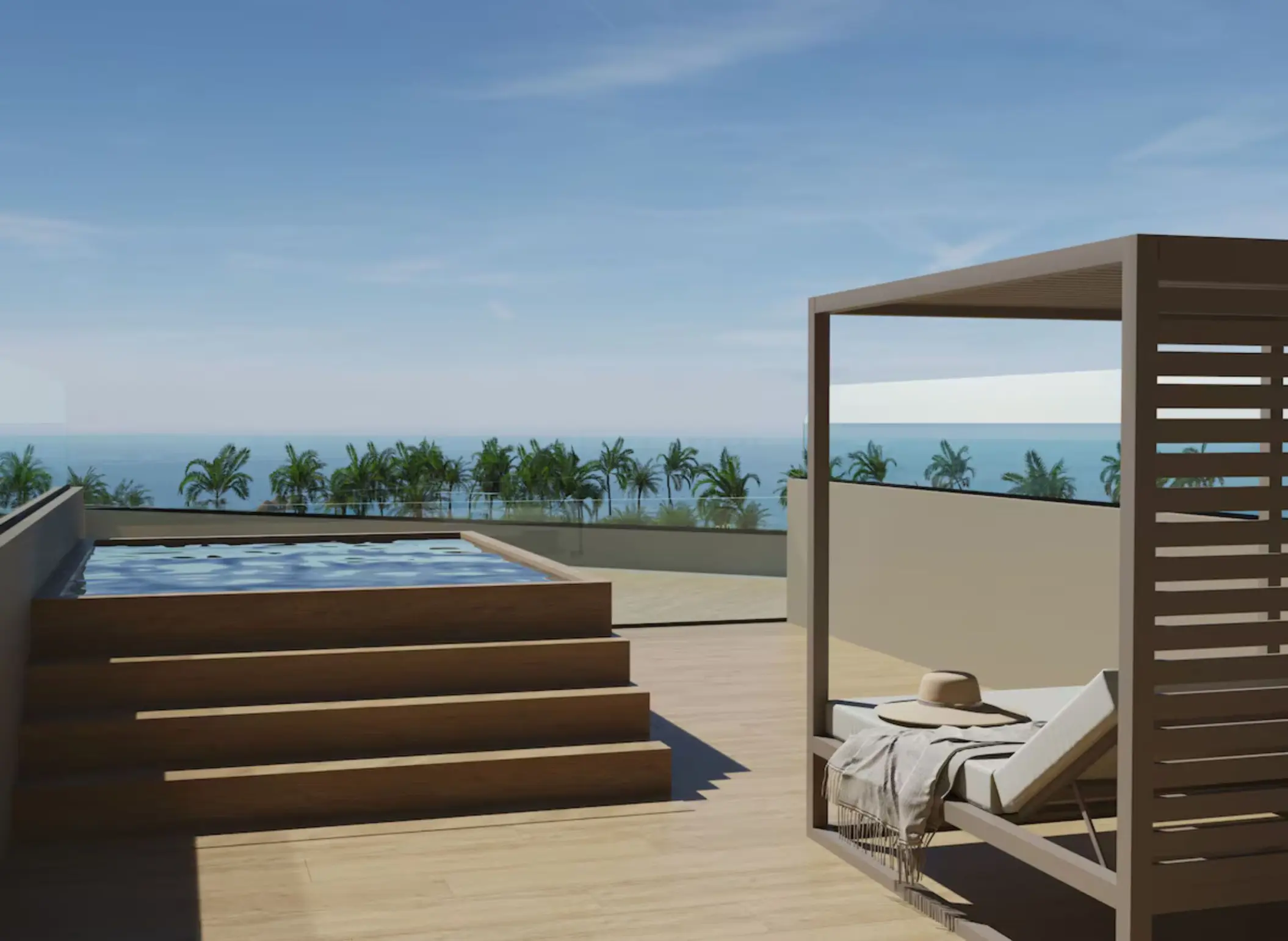 Private terrace with hot tub and daybed at Excellence Coral Playa Mujeres overlooking the ocean, Cancun