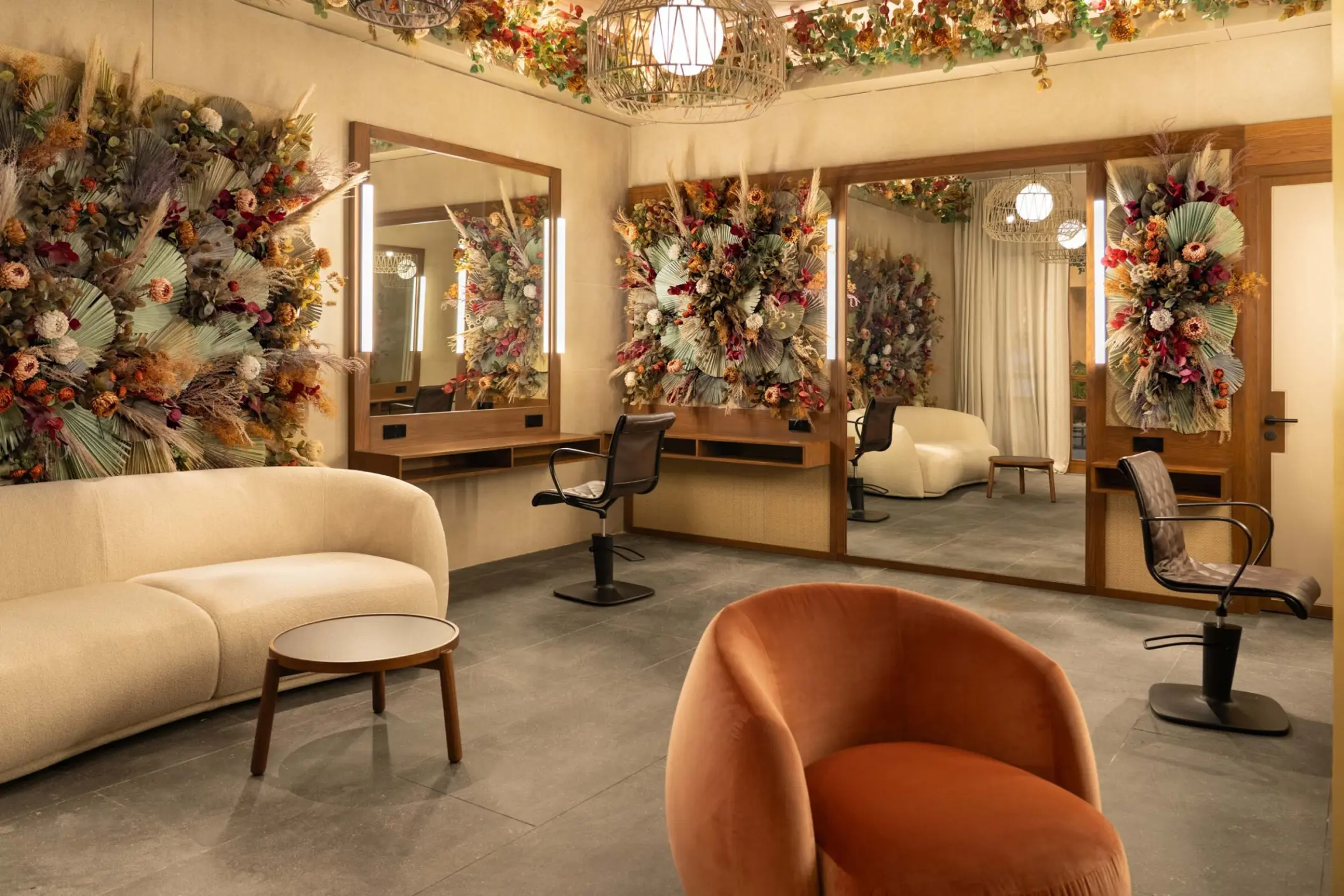 Bridal salon with floral wall art and vanity mirrors at Excellence Coral Playa Mujeres, Cancun