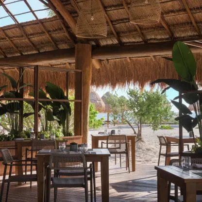 Las Olas restaurant with thatched roof and wooden tables at Excellence Coral Playa Mujeres, Cancun