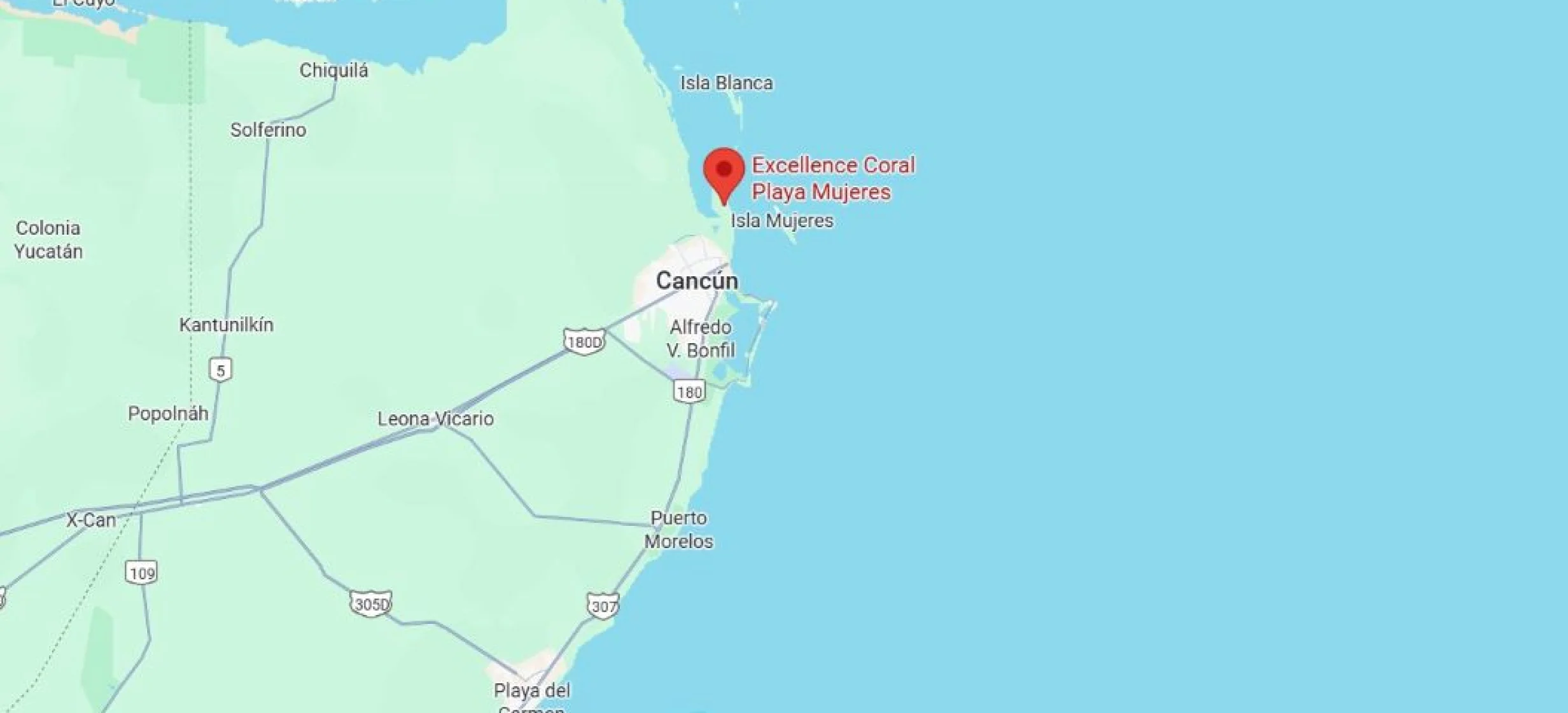 map showing location of Excellence Coral Playa Mujeres in Mexico
