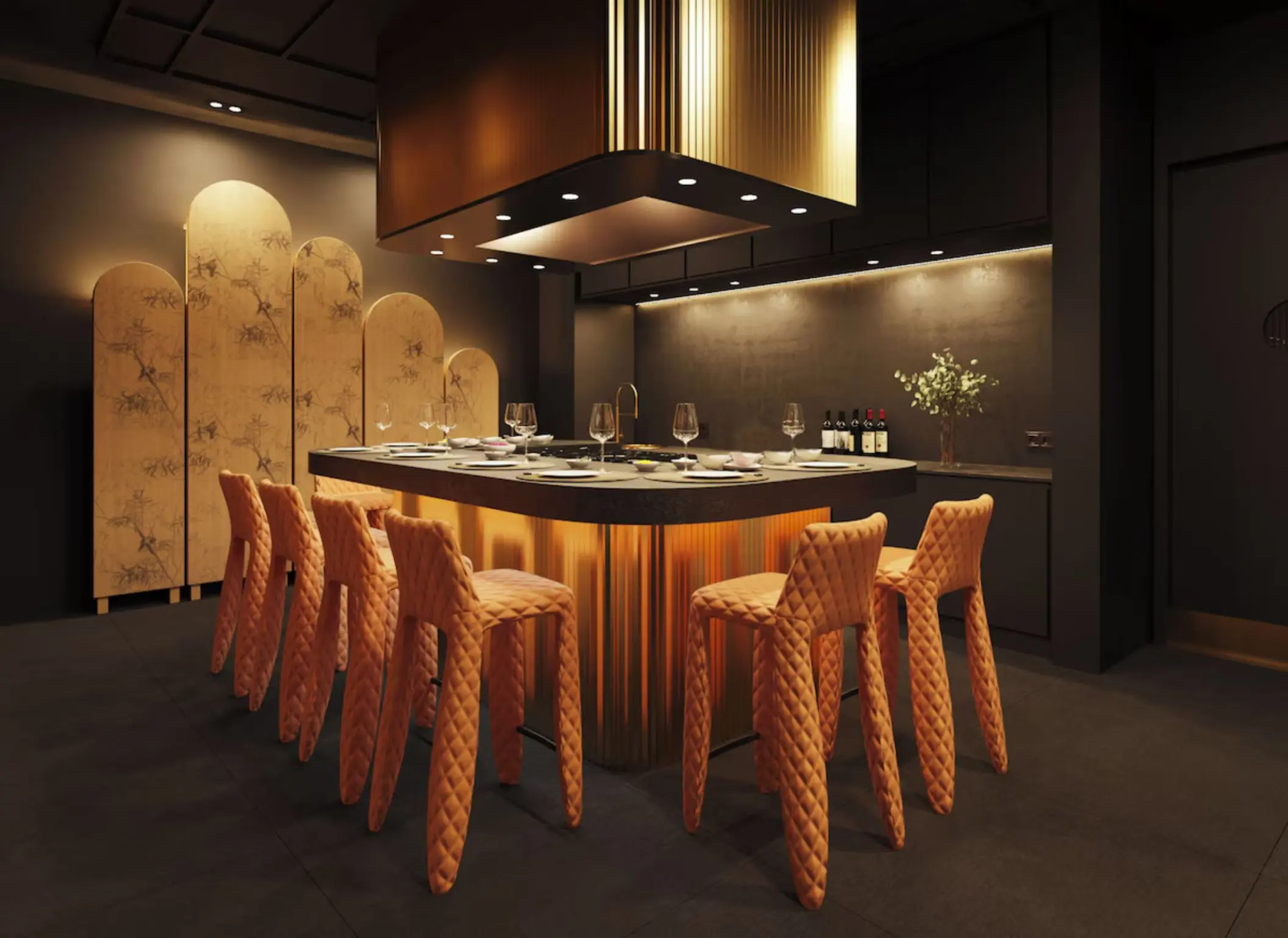 Modern teppanyaki dining table with orange chairs at Excellence Coral Playa Mujeres, Cancun