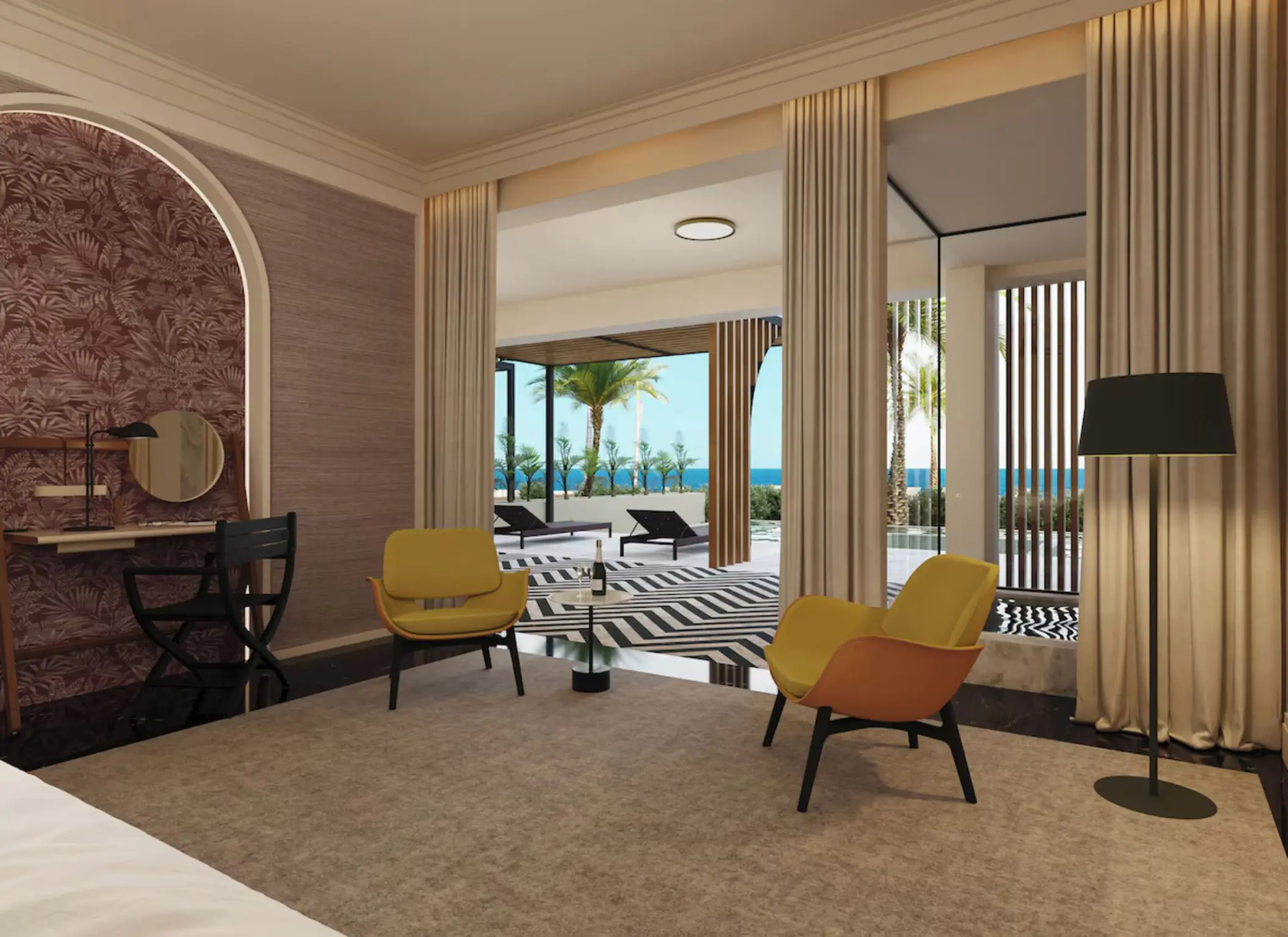 Modern suite with ocean view terrace and yellow armchairs at Excellence Coral Playa Mujeres, Cancun