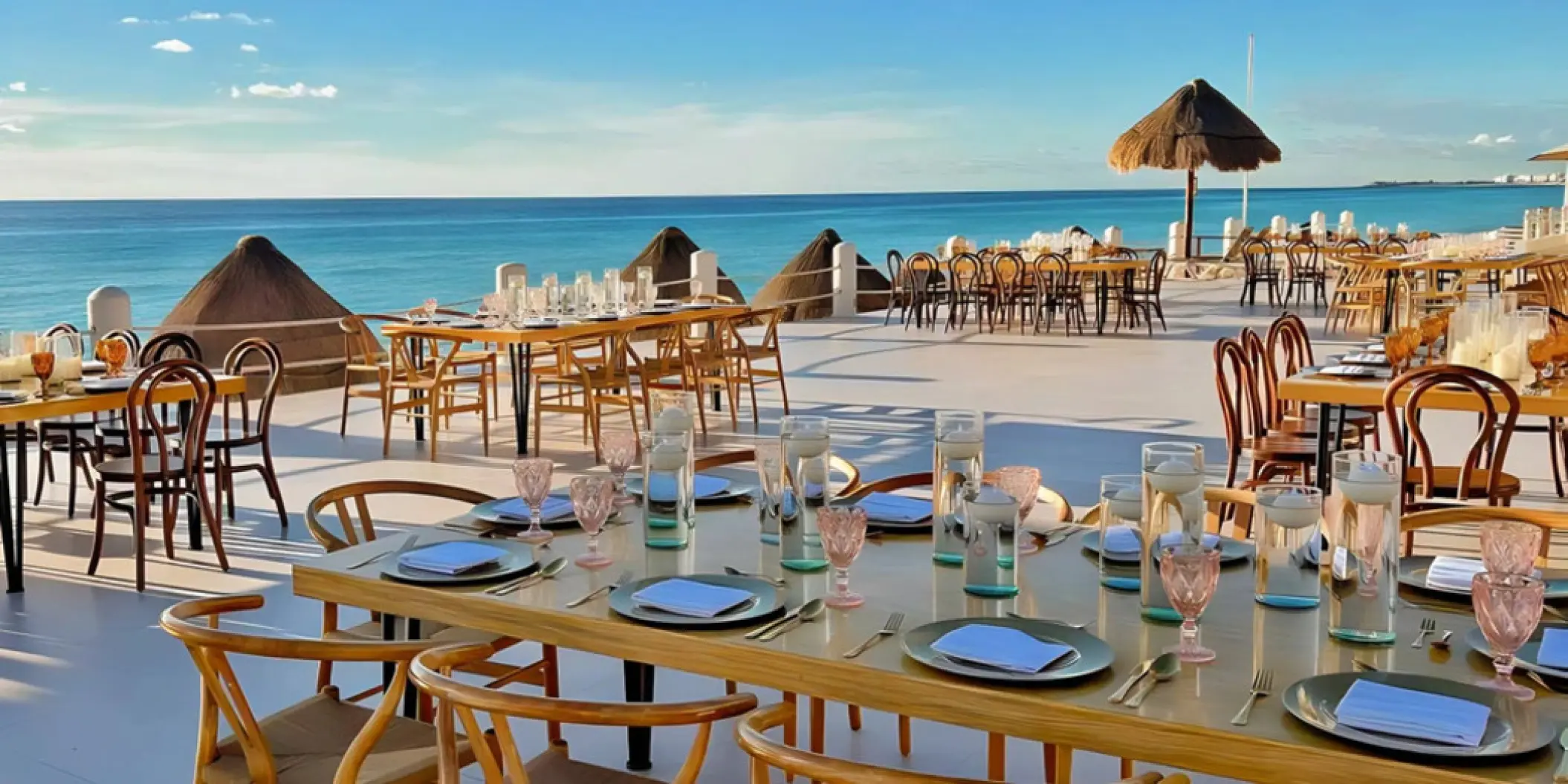 Oceanfront wedding reception tables at Fiesta Americana Condesa, Cancun
