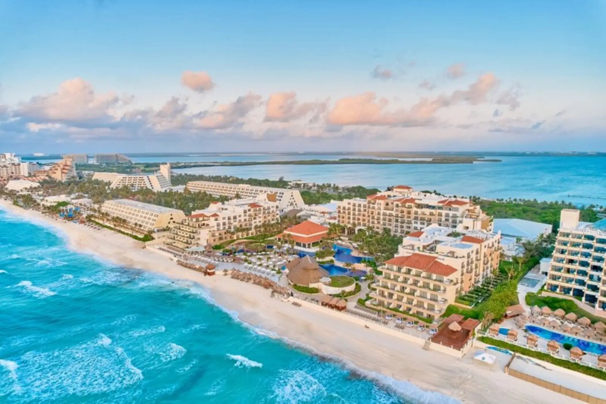 Aerial view of Fiesta Americana Condesa beachfront and buildings, Cancun