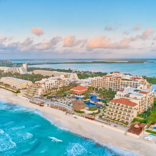 Aerial view of Fiesta Americana Condesa beachfront and buildings, Cancun