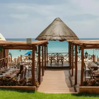 Wooden gazebo deck wedding reception at Fiesta Americana Condesa, Cancun