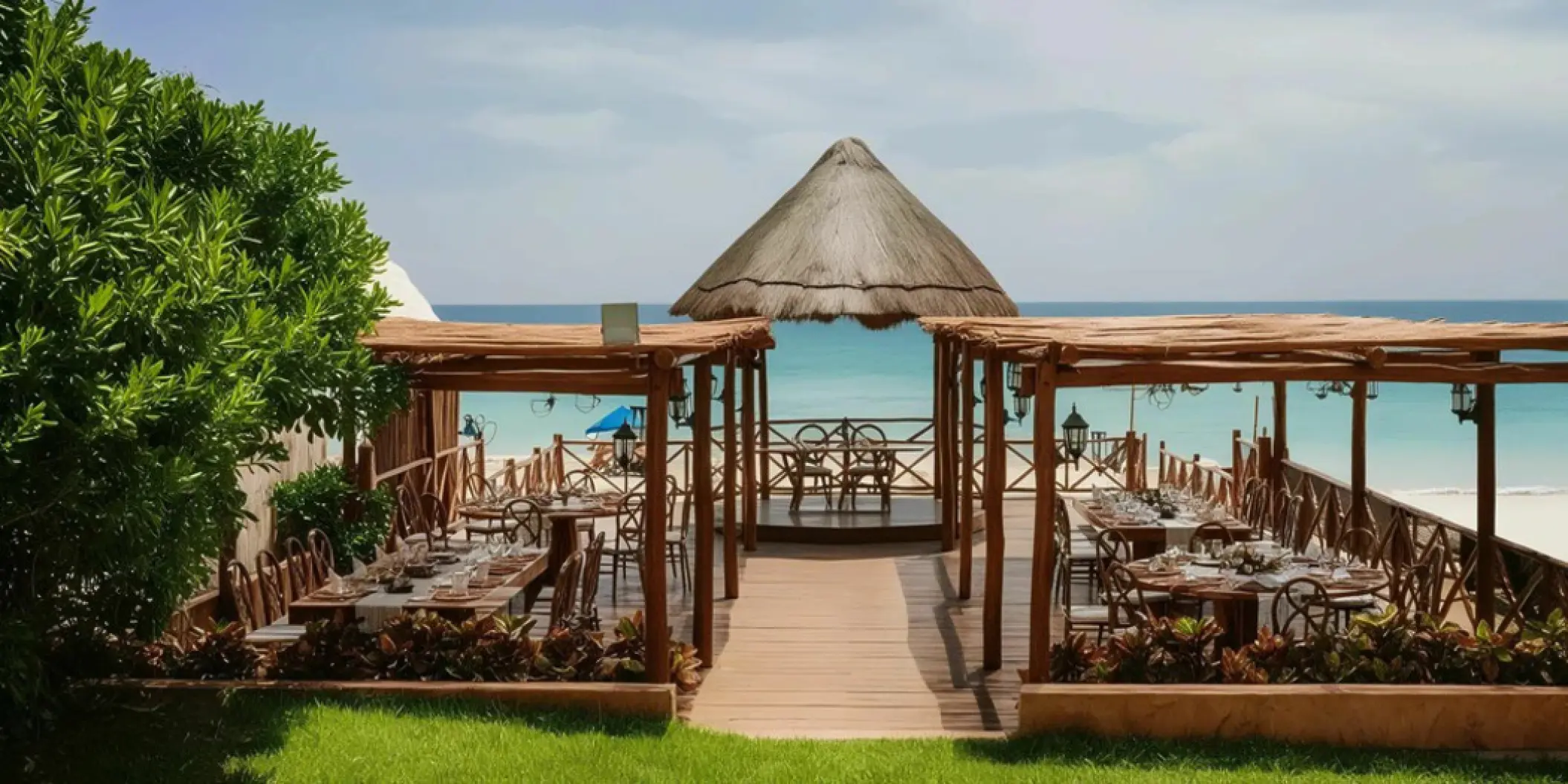 Wooden gazebo deck wedding reception at Fiesta Americana Condesa, Cancun