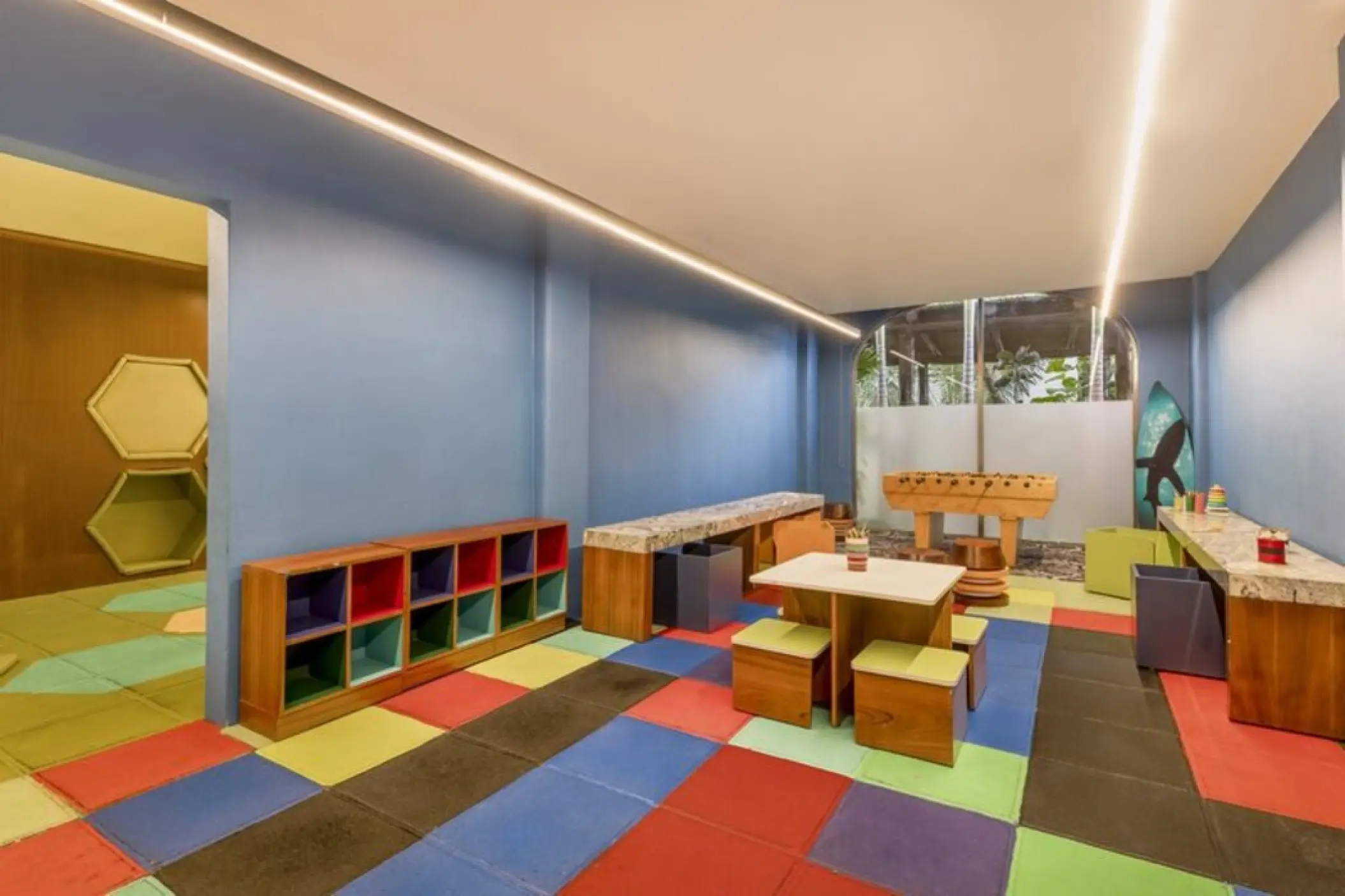 Colorful kids club play area with foosball and crafts at Fiesta Americana Condesa, Cancun