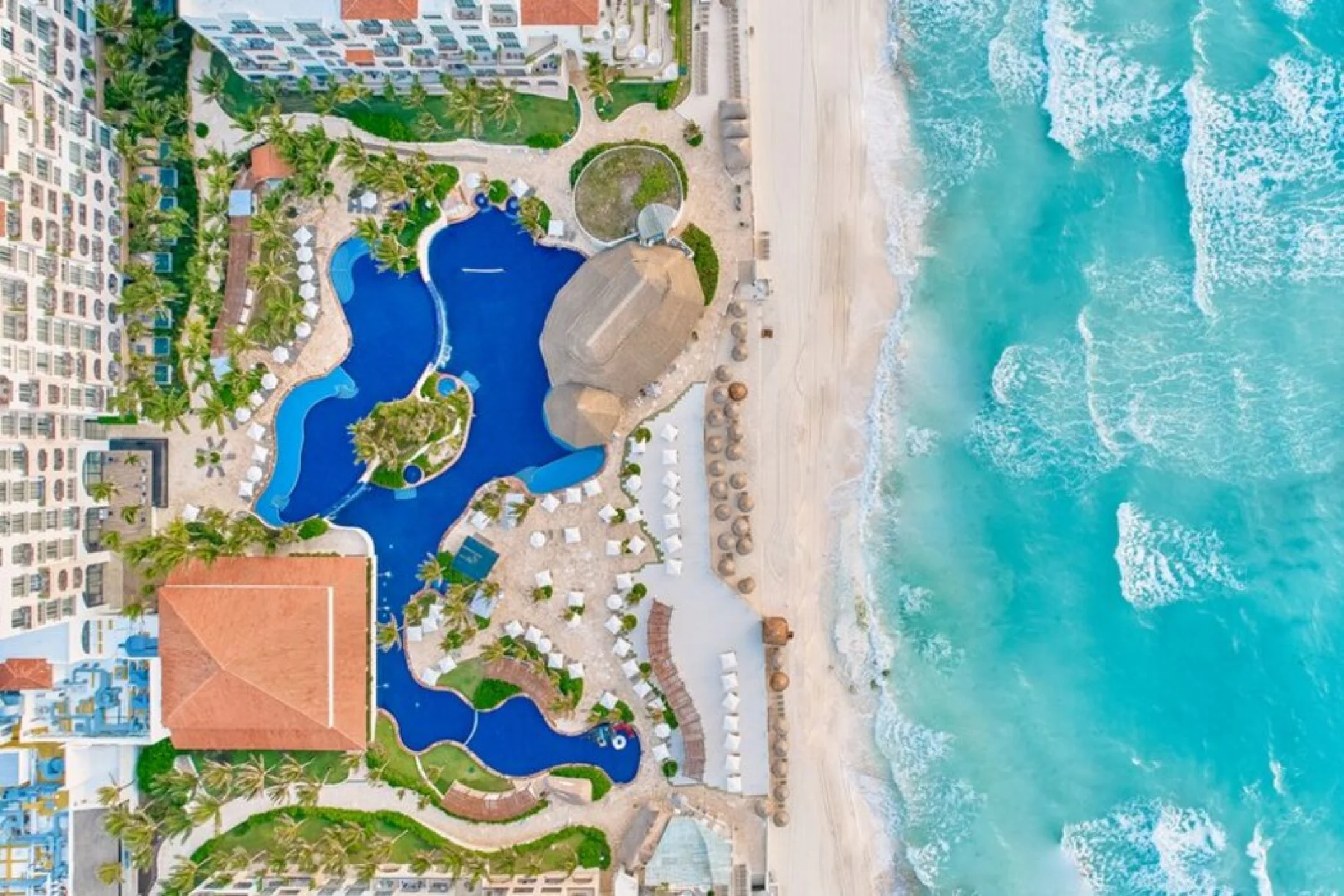 top view of Fiesta Americana Condesa Cancun resort pool and beach