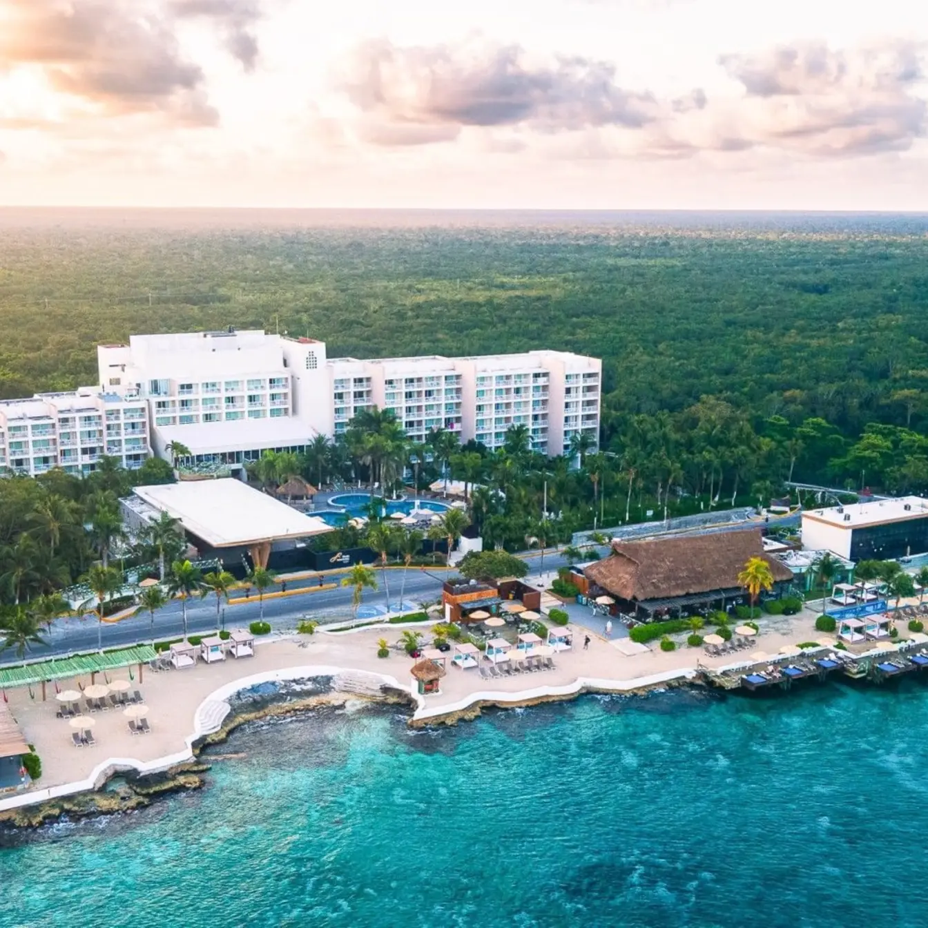 Aerial view of Fiesta Americana Cozumel and its private beach club along the Caribbean coast, Cozumel