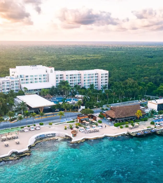 Aerial view of Fiesta Americana Cozumel and its private beach club along the Caribbean coast, Cozumel