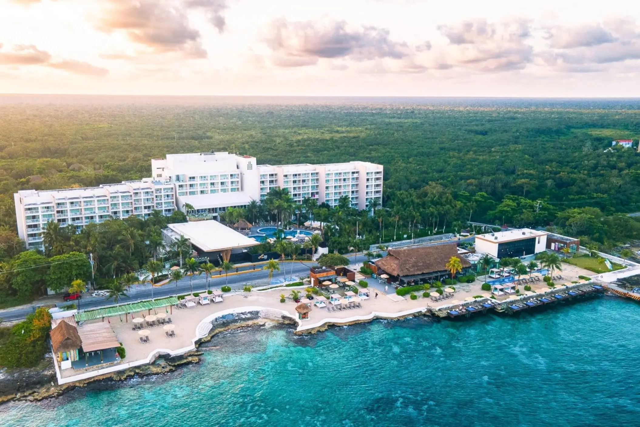 Aerial view of Fiesta Americana Cozumel and its private beach club along the Caribbean coast, Cozumel