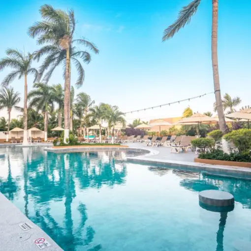 Main pool area with sun loungers and palm trees at Fiesta Americana Cozumel