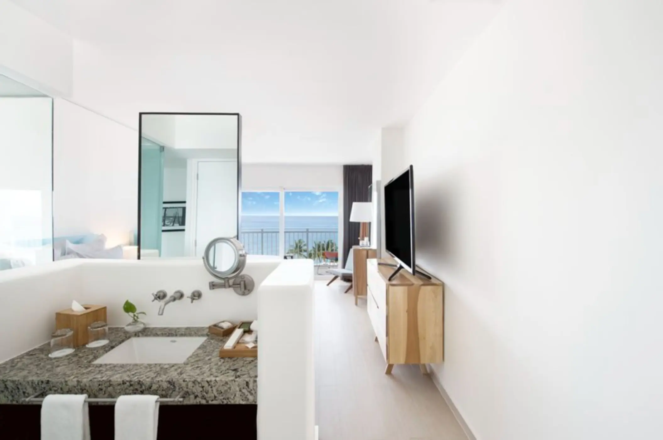 Fiesta Americana Cozumel suite vanity area and bedroom with ocean view, Cozumel