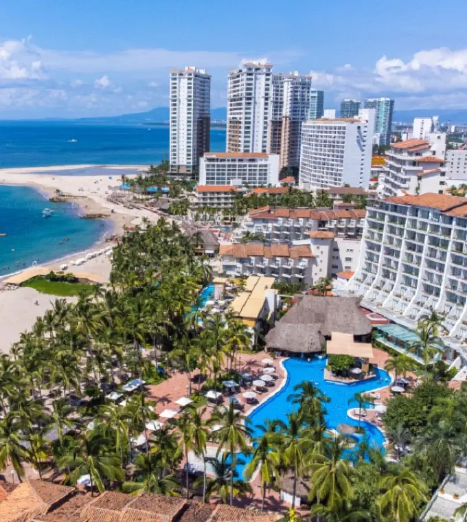 Aerial view of Fiesta Americana Puerto Vallarta pools and beachfront buildings, Puerto Vallarta