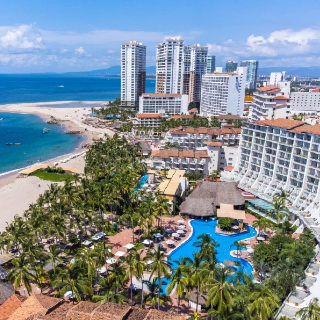 Aerial view of Fiesta Americana Puerto Vallarta pools and beachfront buildings, Puerto Vallarta