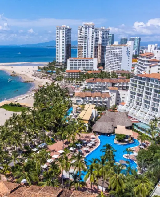 Aerial view of Fiesta Americana Puerto Vallarta pools and beachfront buildings, Puerto Vallarta