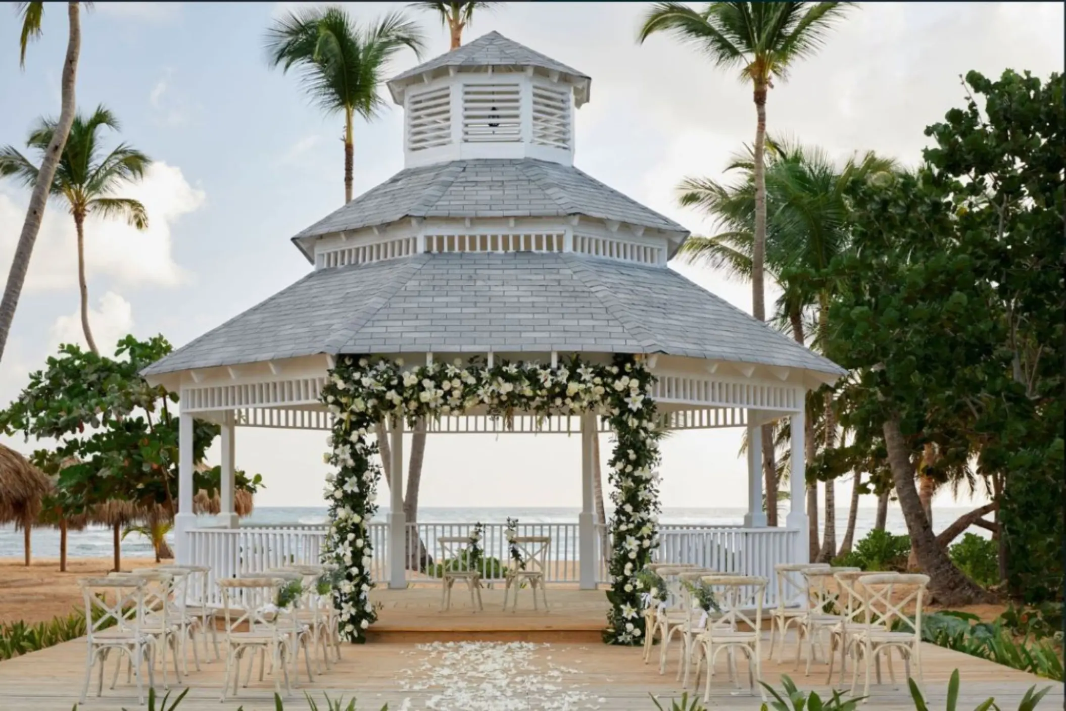 Grand Gazebo wedding ceremony venue with white floral arch at Finest Punta Cana, Punta Cana