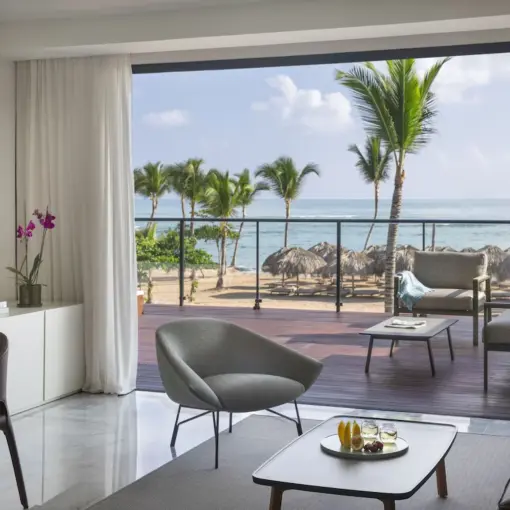 Modern living room in an ocean view suite at Finest Punta Cana, Punta Cana