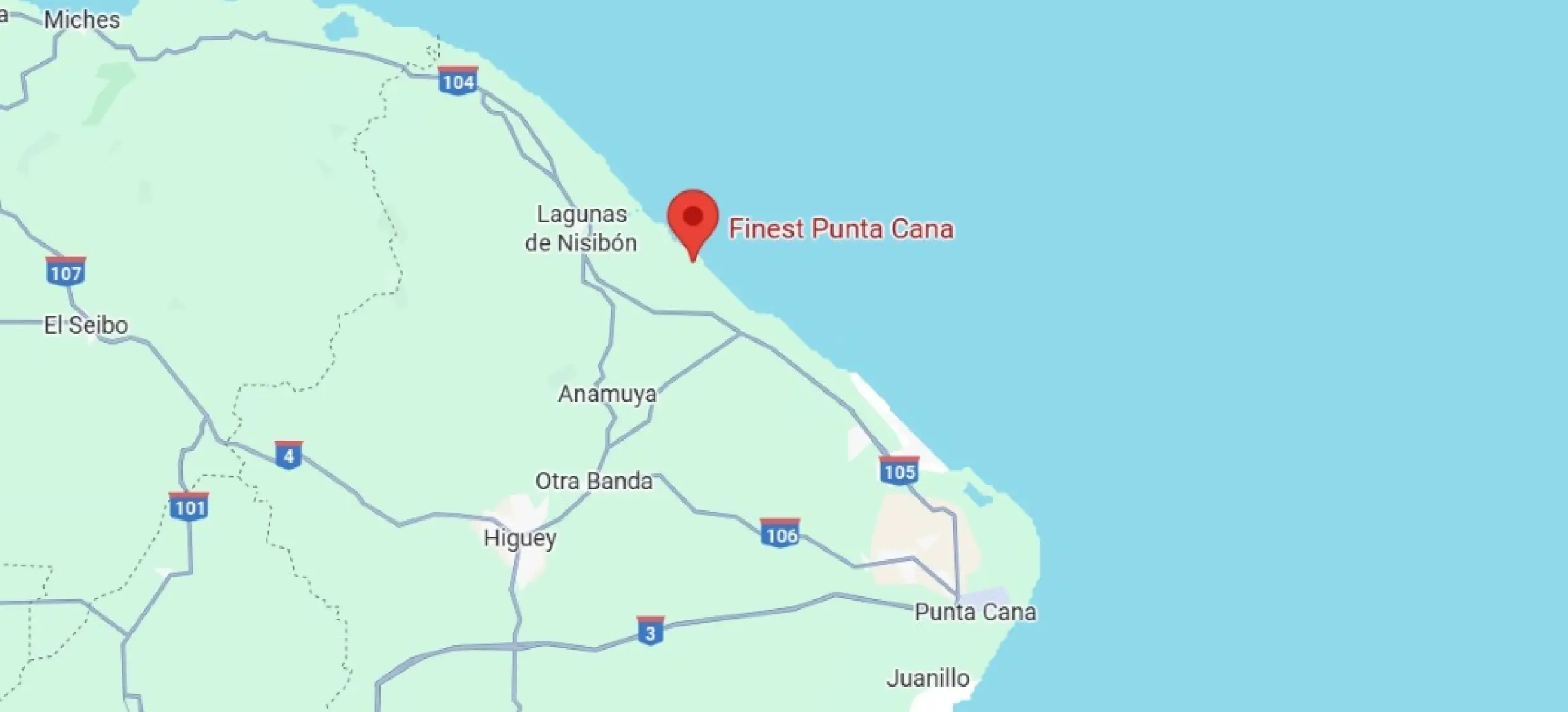 Map showing the beachfront location of Finest Punta Cana in the Dominican Republic