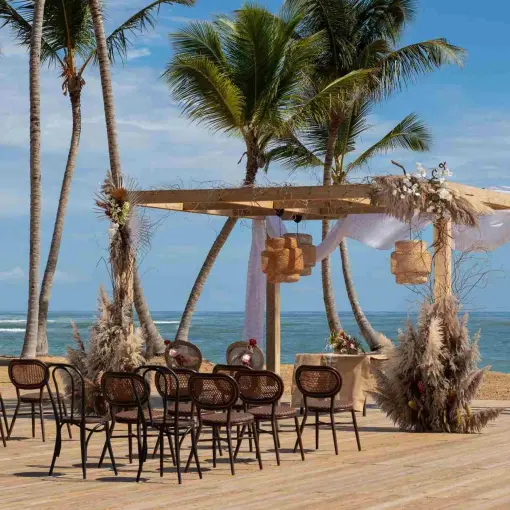 Beachfront wedding ceremony with a pampas grass arch and wooden chairs at Finest Punta Cana, Punta Cana