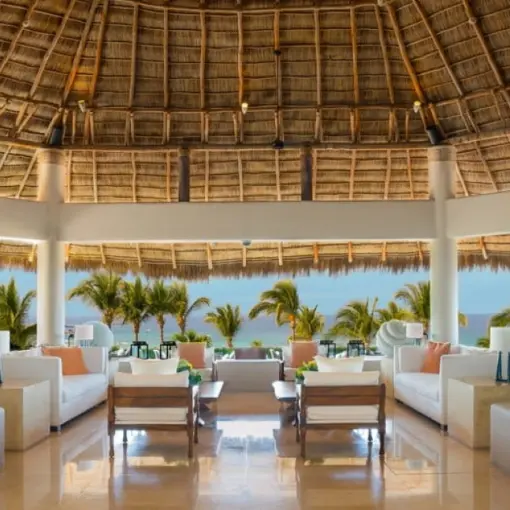 Palapa-style open lobby with sculptures and ocean views at Four Seasons Punta Mita