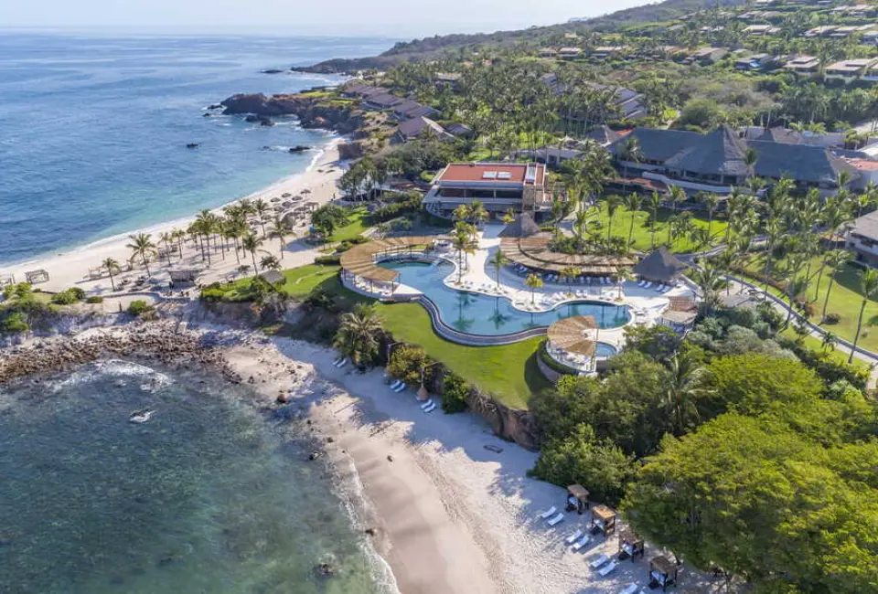 Aerial view of Four Seasons Punta Mita beachfront pools and coastline, Punta Mita