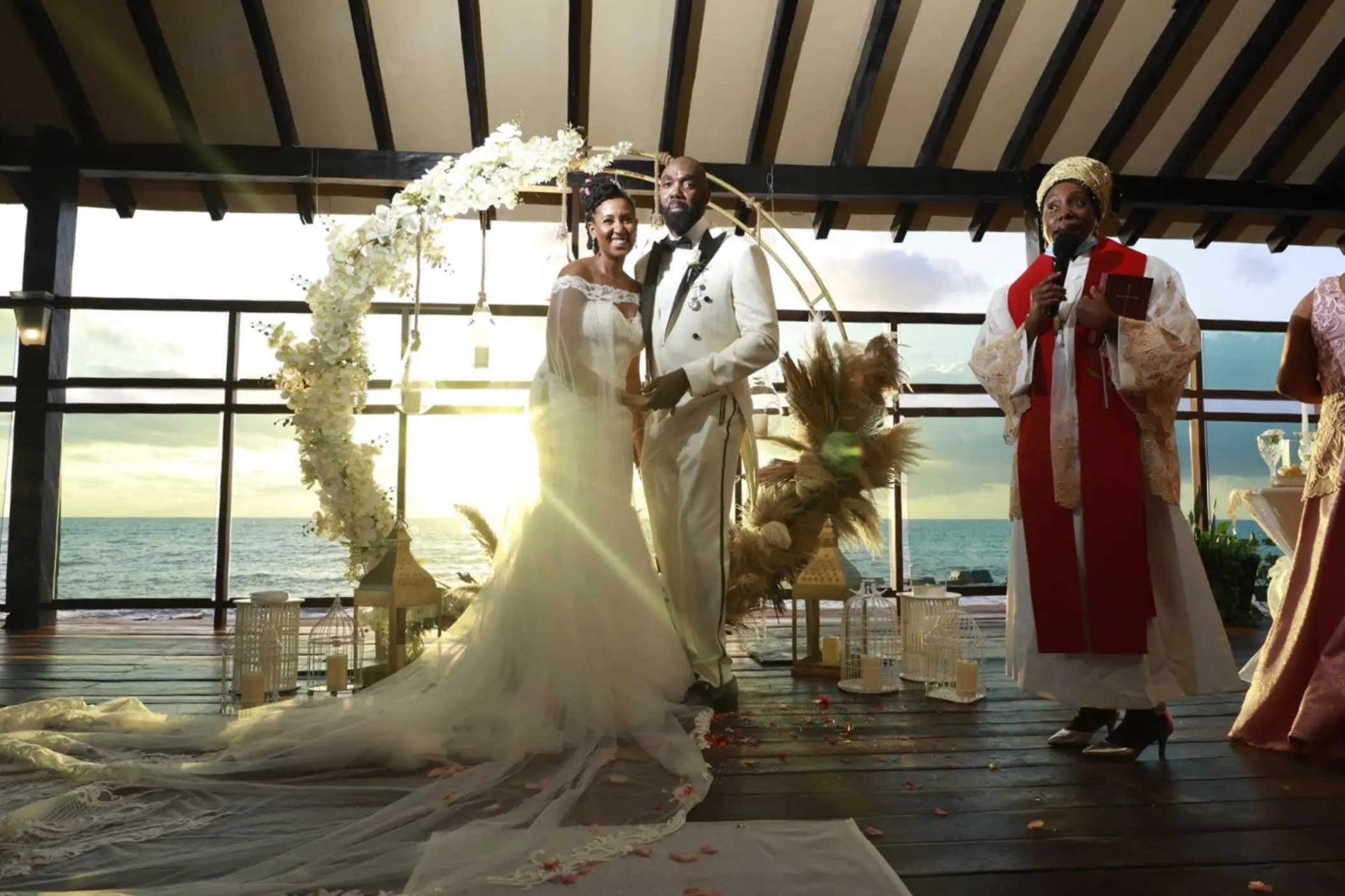 Bride and groom at a pier deck wedding ceremony at Generations Riviera Maya, Riviera Maya