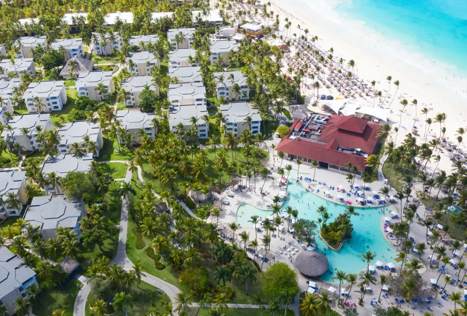 Aerial view of Grand Bavaro Princess suites, pools, and beachfront, Punta Cana