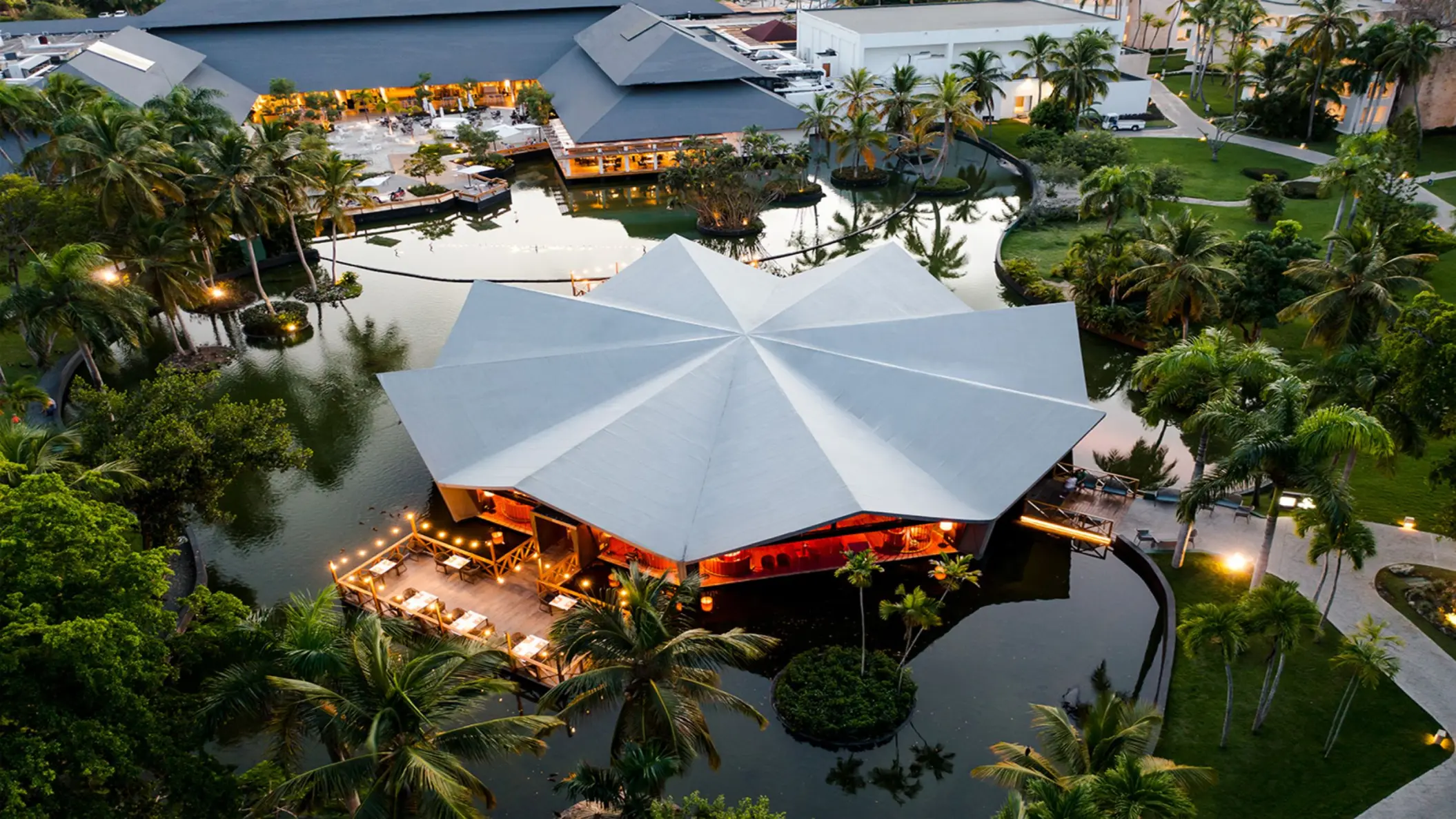 Aerial view of the star-shaped overwater restaurant at Grand Bavaro Princess, Punta Cana