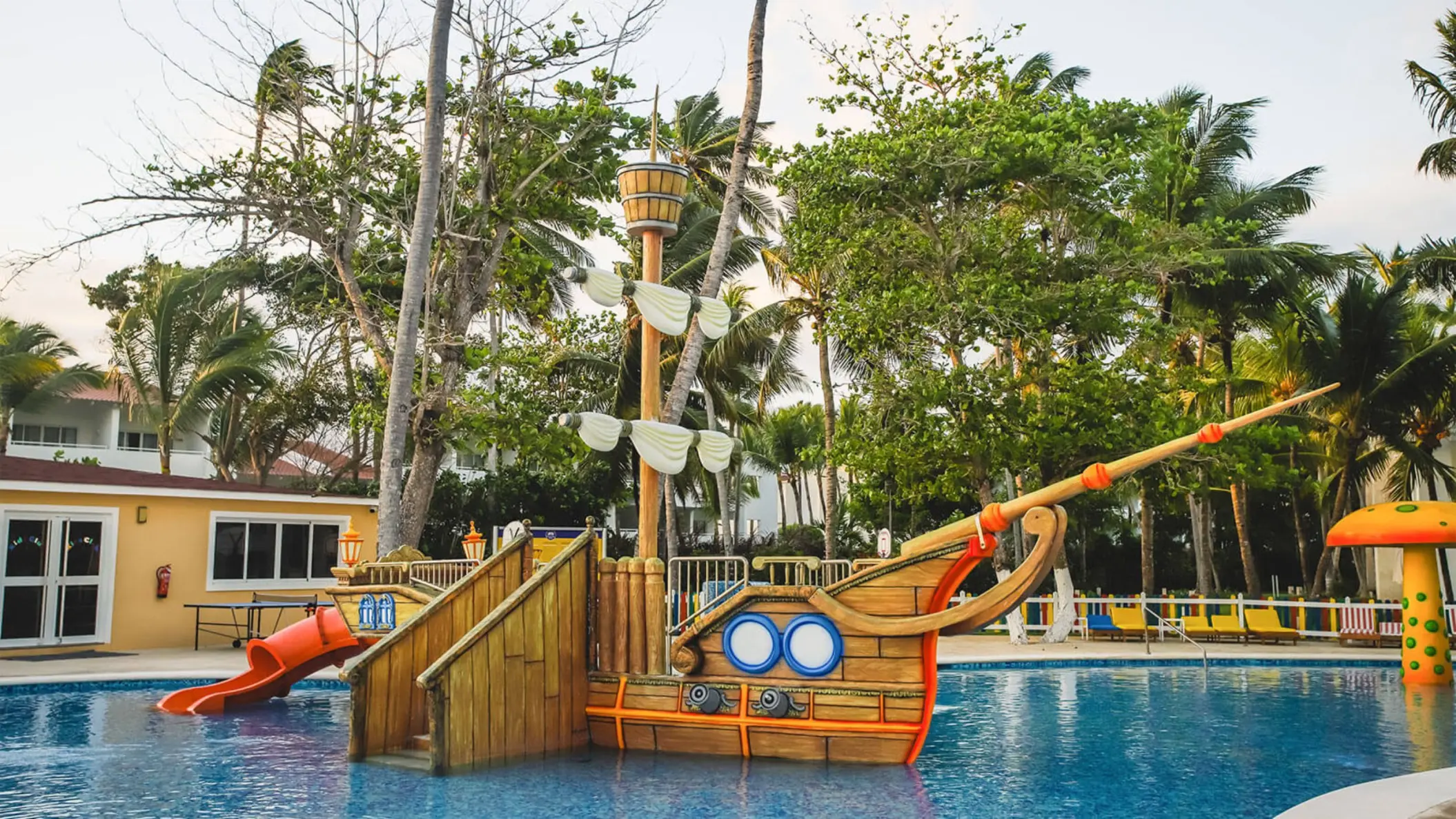 Pirate ship splash pad and slide at the Grand Bavaro Princess kids pool, Punta Cana