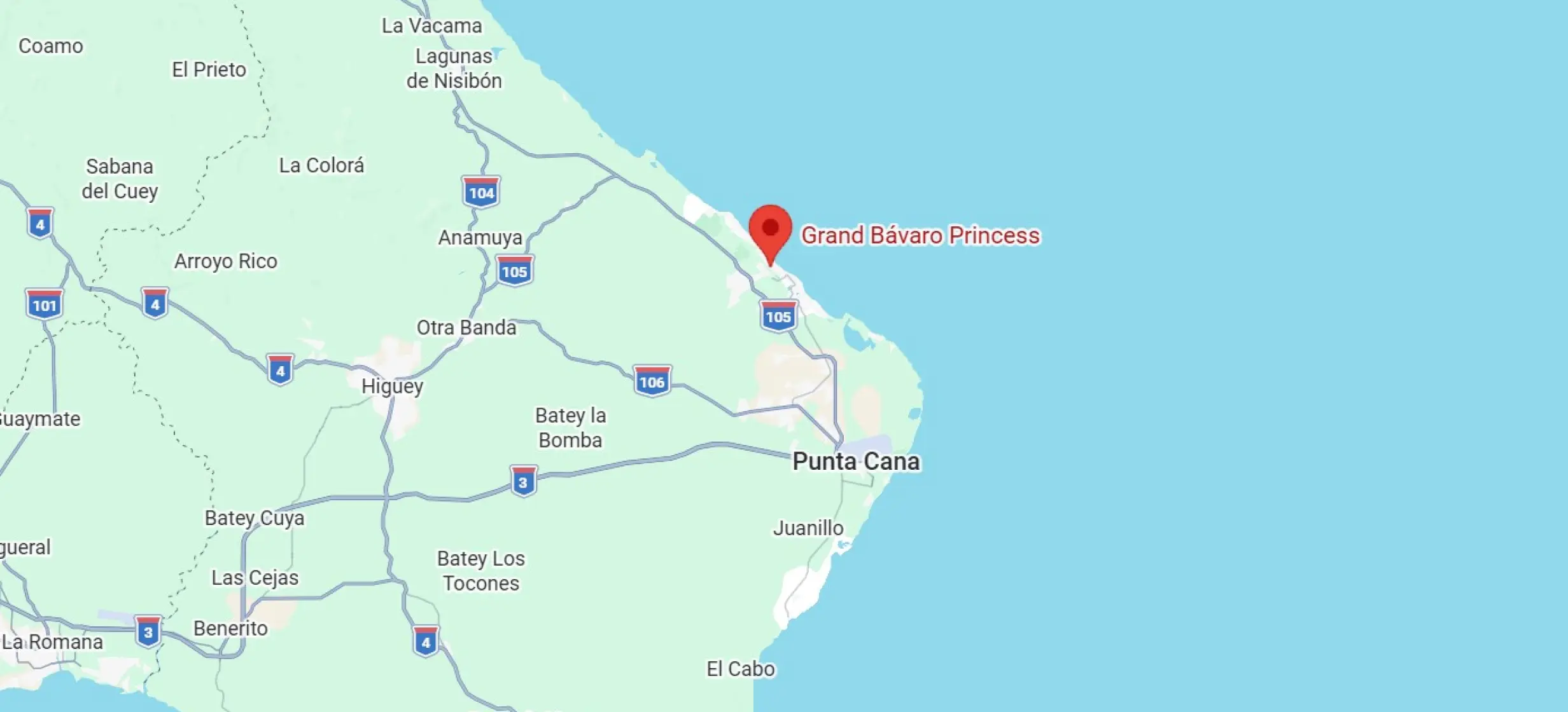 Map showing the location of Grand Bavaro Princess on the coast of Punta Cana