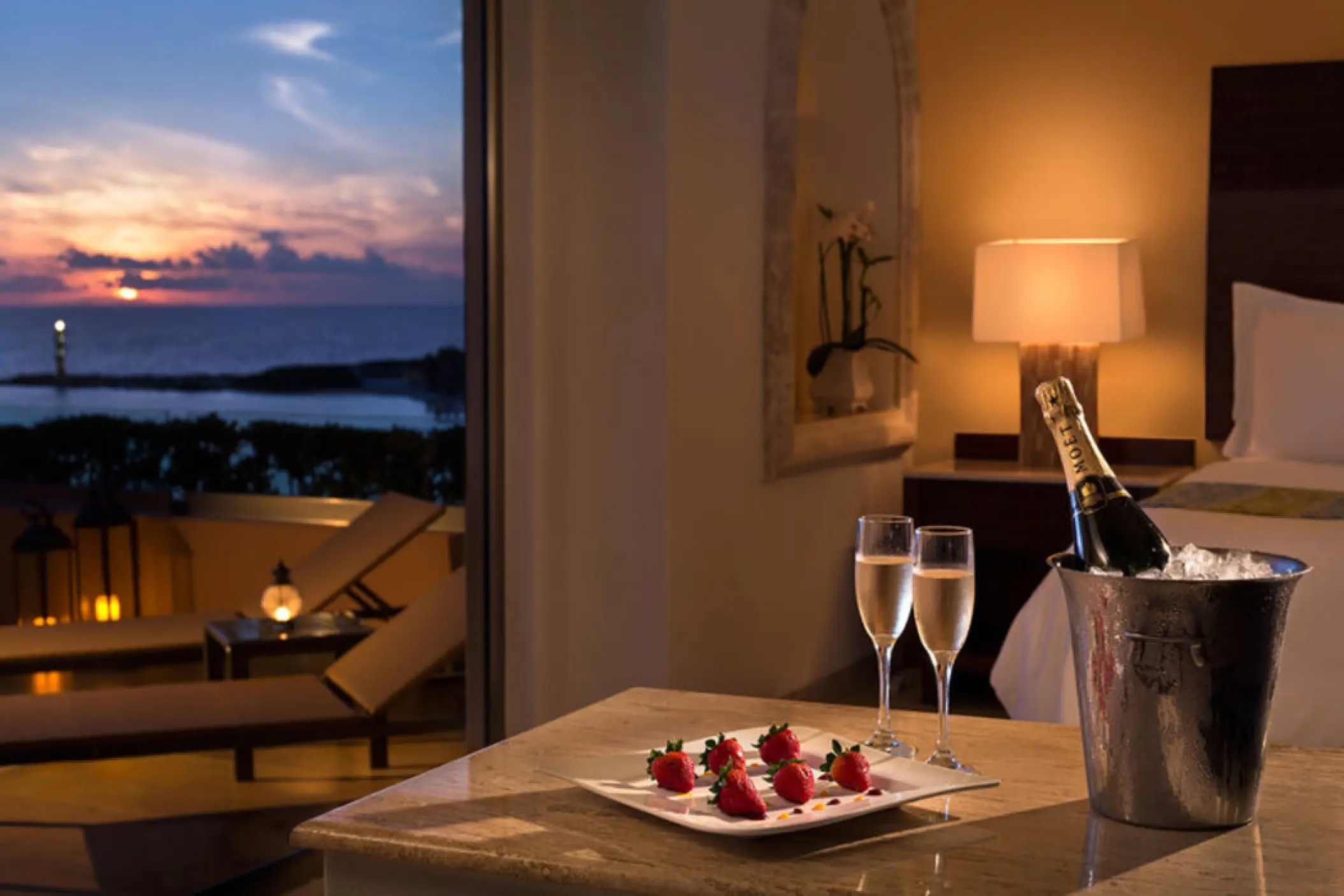 Honeymoon suite with champagne and strawberries at Grand Fiesta Americana Coral Beach, Cancun