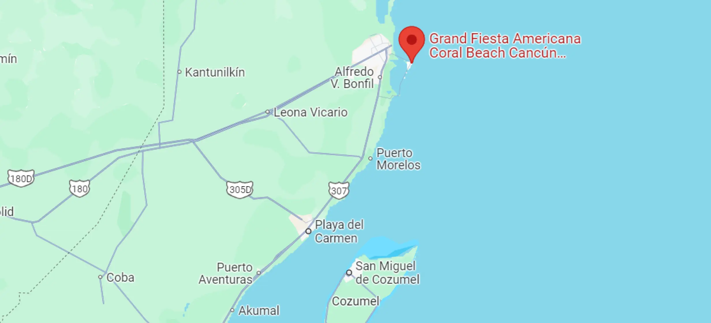 Map showing the location of Grand Fiesta Americana Coral Beach in Cancun