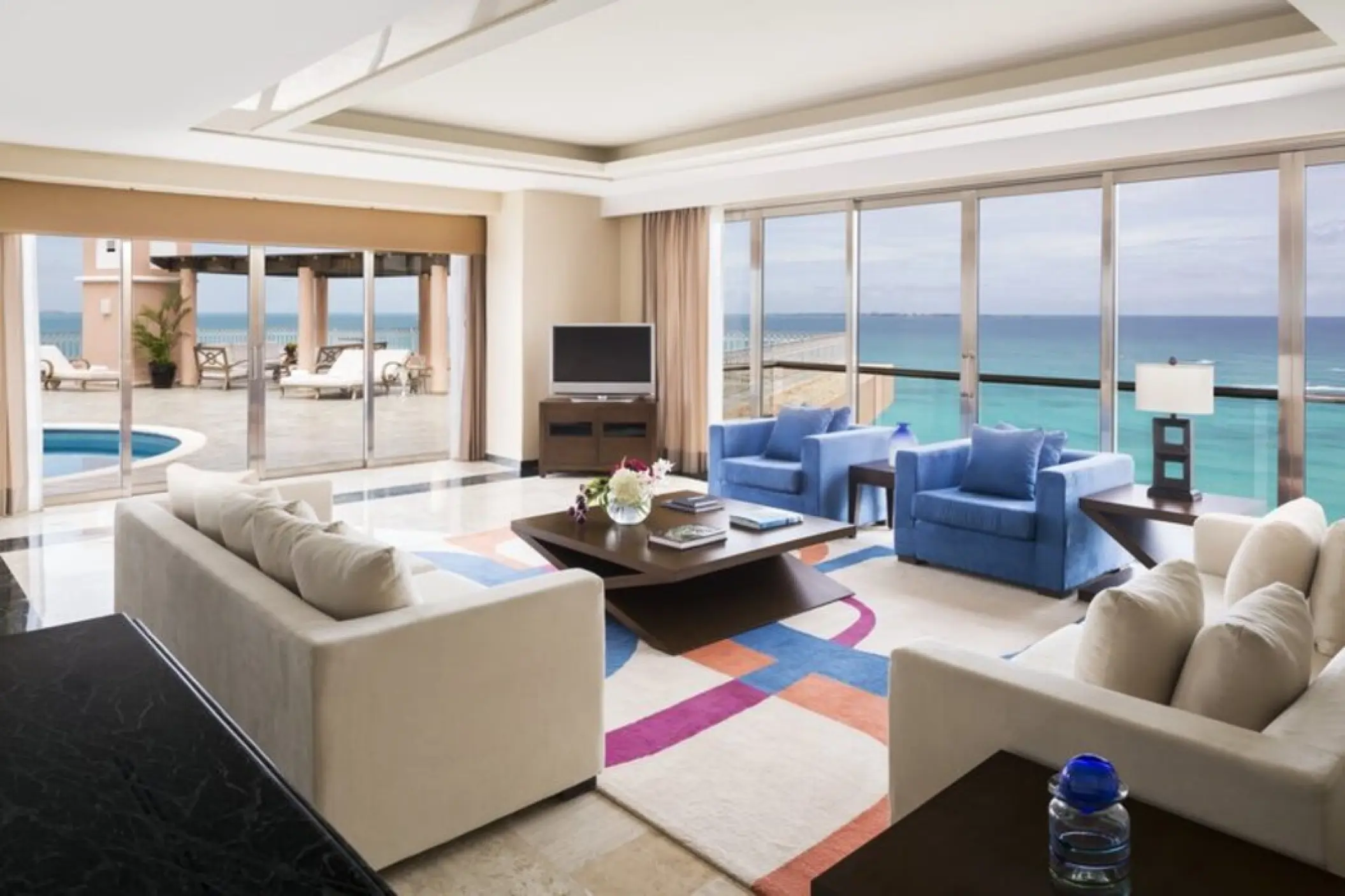 Presidential Suite living area with ocean views at Grand Fiesta Americana Coral Beach, Cancun