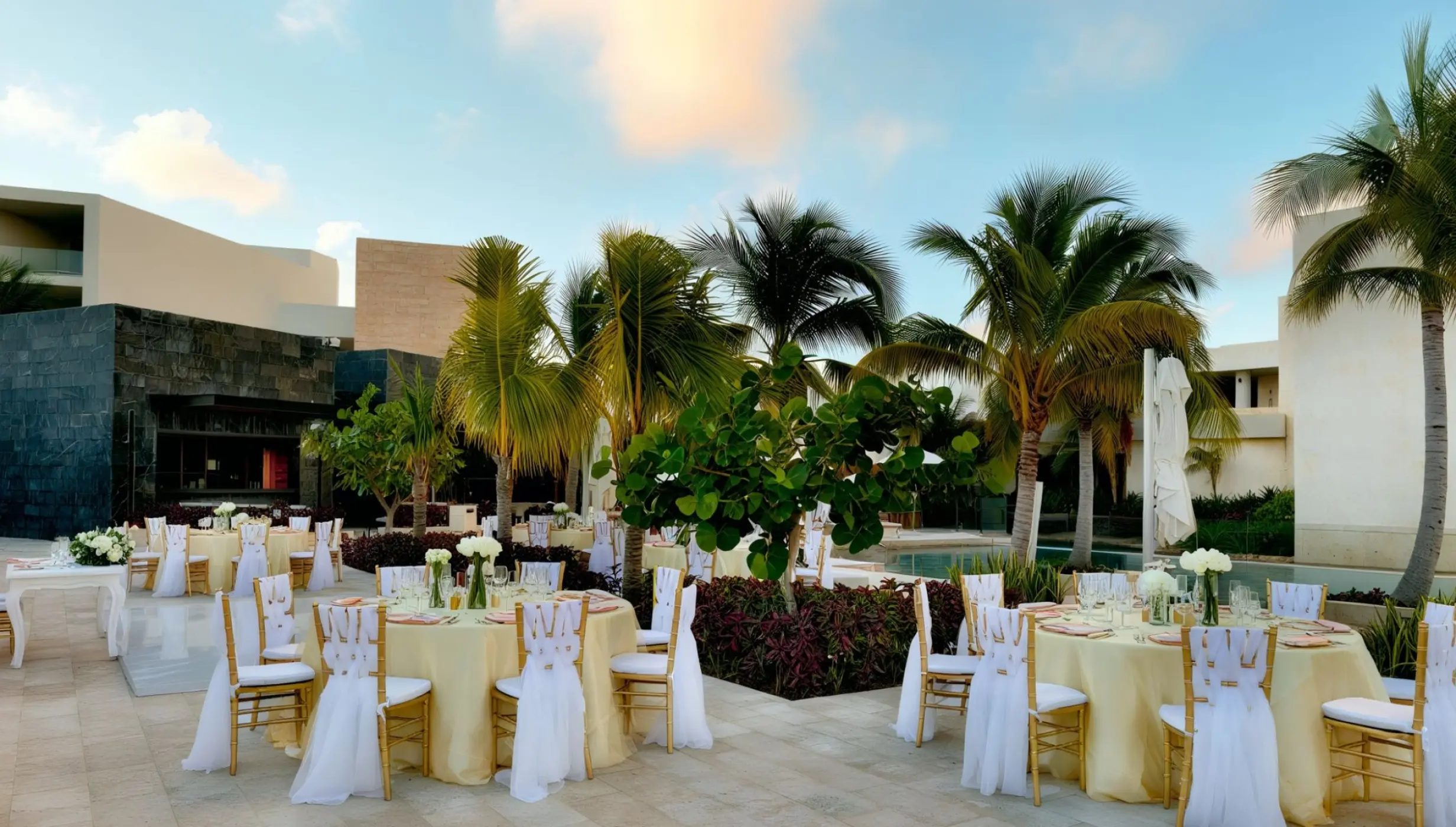 fizz pool terrace venue reception setup with dance floor at Grand Palladium Select Costa Mujeres