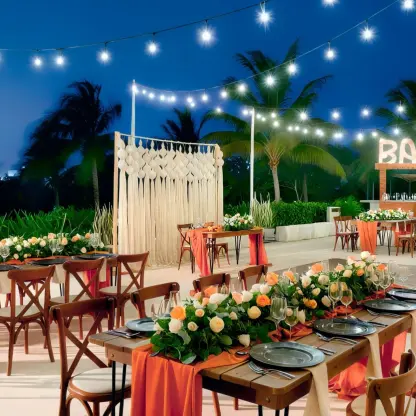 Evening wedding reception with string lights at Grand Palladium Costa Mujeres, Cancun