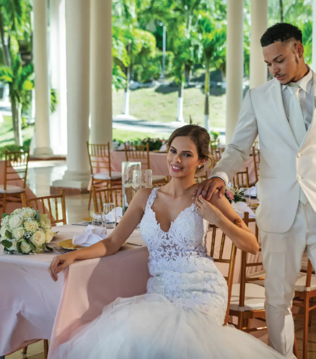 The bride and groom at Angels Atrium wedding reception at Grand Palladium Jamaica, Ocho Rios