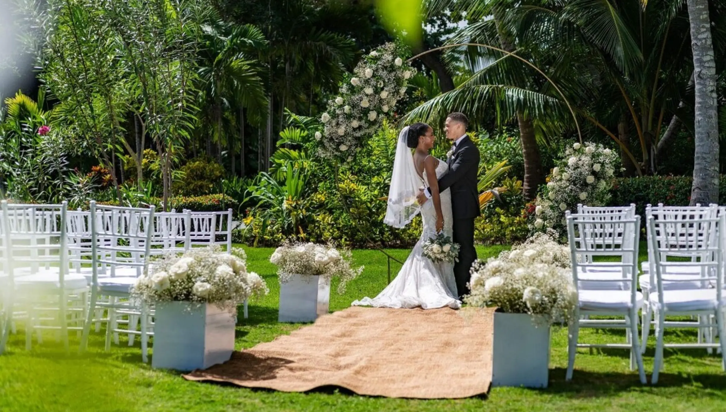 bride and groom at the garden venue at Grand Palladium Punta Cana