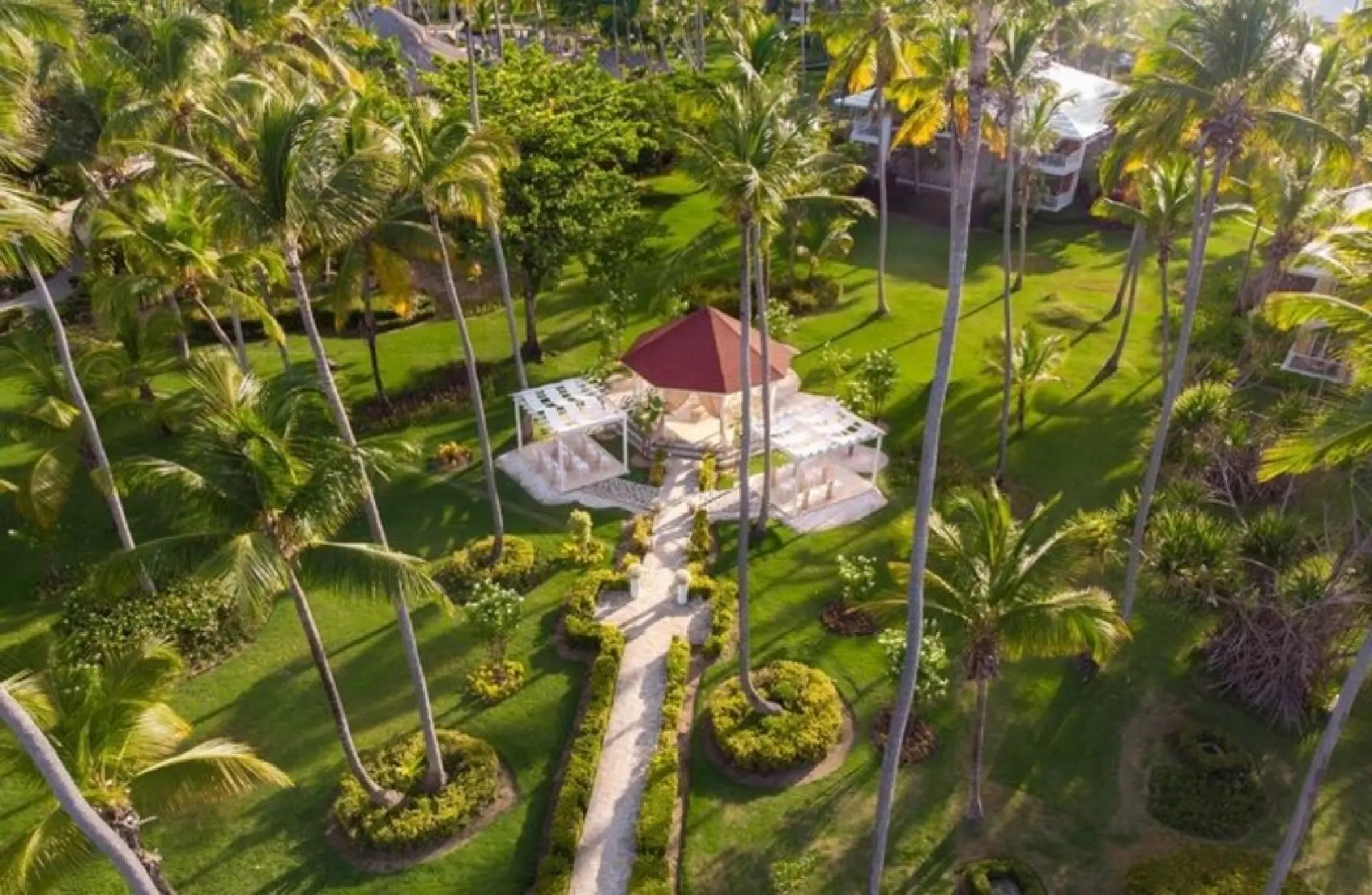 Aerial view of a garden gazebo wedding venue at Grand Palladium Punta Cana, Punta Cana