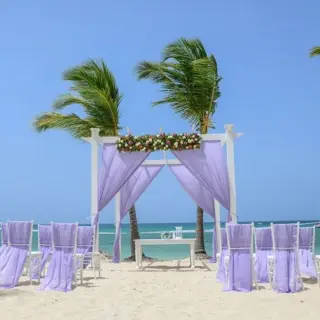 Beachfront wedding ceremony with lilac drapes and palm trees at Grand Palladium Punta Cana, Punta Cana