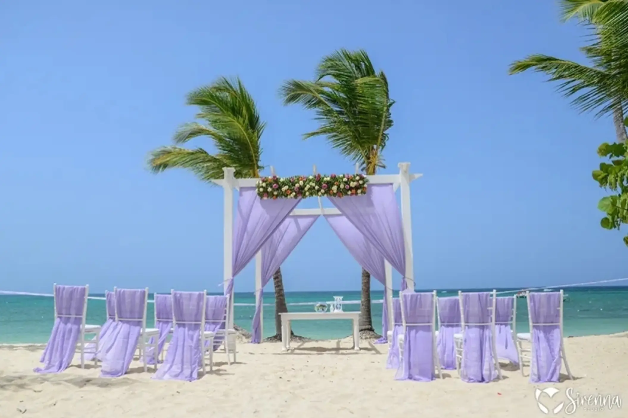 Beachfront wedding ceremony with lilac drapes and palm trees at Grand Palladium Punta Cana, Punta Cana