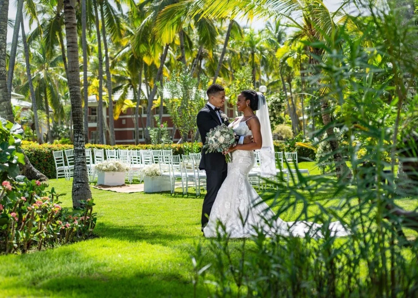 bride and groom at the garden venue at Grand Palladium Punta Cana