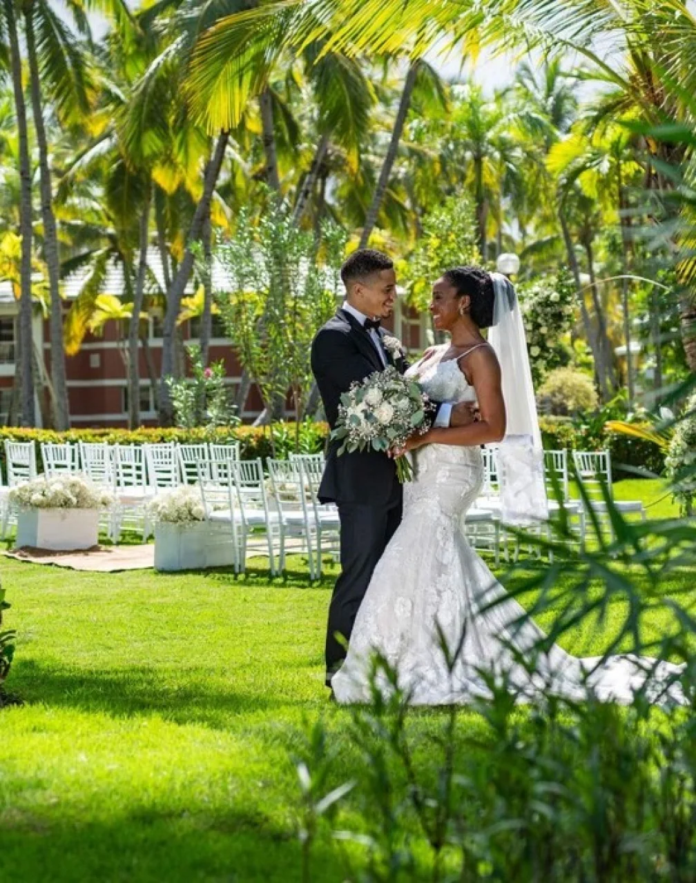 bride and groom at the garden venue at Grand Palladium Punta Cana
