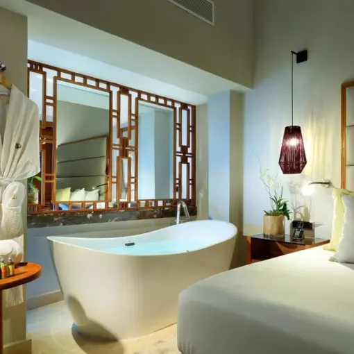 Modern guest suite with a freestanding bathtub and plush bedding at Grand Palladium Punta Cana